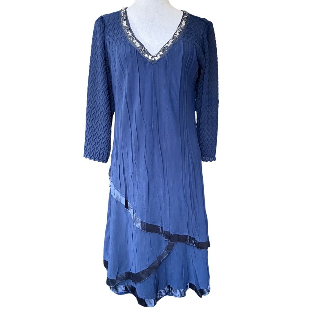 Komarov Beaded V Neck 3/4 Sleeve Chiffon Charmeuse Blue Midi Dress Size Small